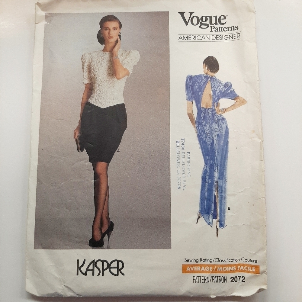 VTG 1988 VOGUE DRESS PATTERN # 2072